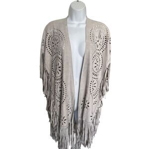 Bohemian Taupe Fringe Cardigan with Laser-Cut Design One Size
